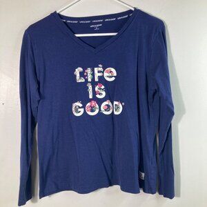 Womens Life Is Good V Neck Floral Sleep Tee‎ 3/4 Sleeve Navy L Cotton Modal